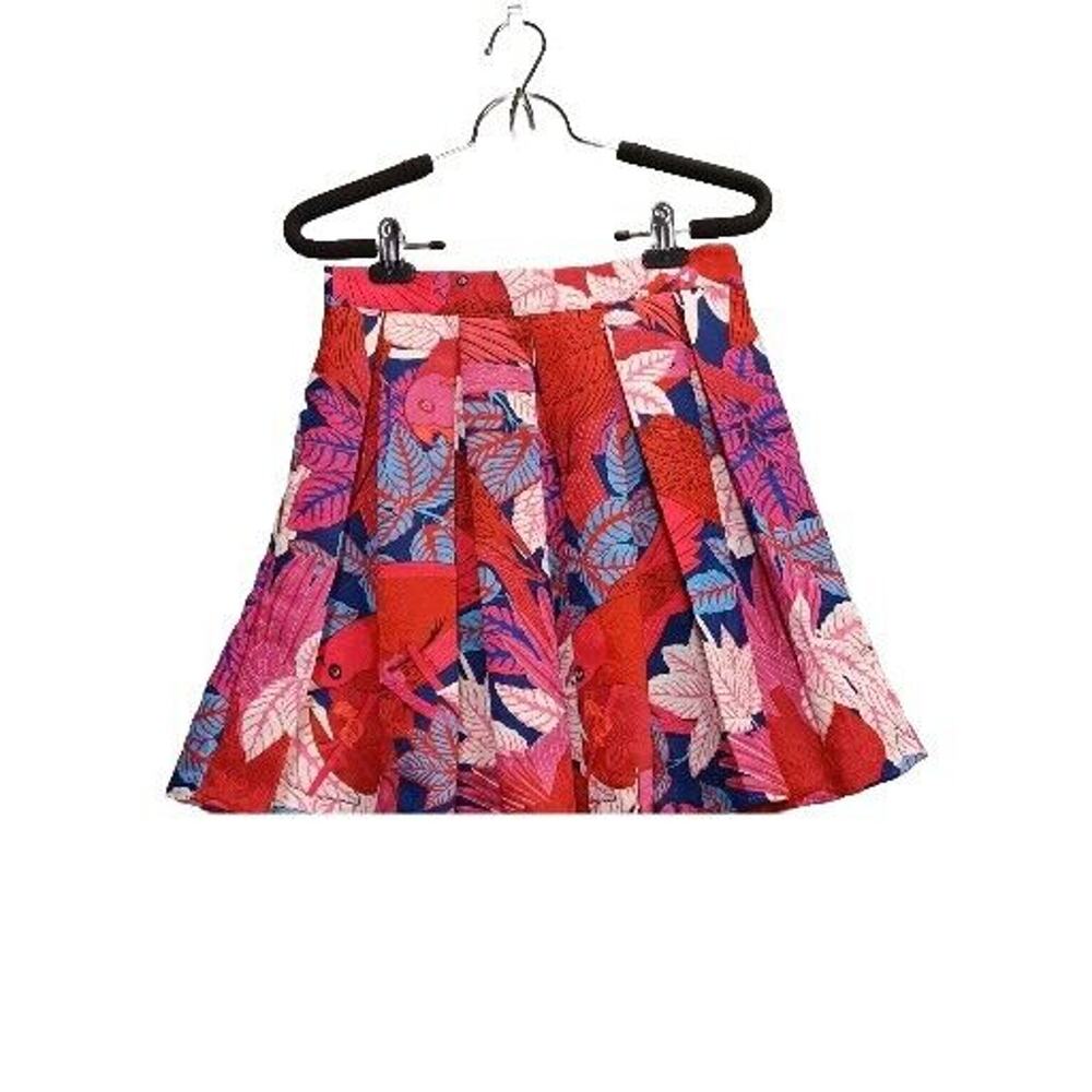 Womens Modcloth Small Tropical Floral Bird Print Pleated Umbrella Skirt